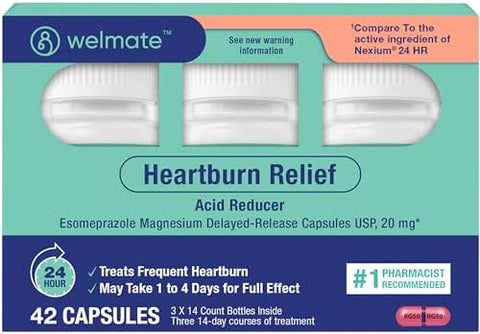 Welmate Esomeprazole Magnesium 20 Mg Heartburn Medicine Acid Reducer Delayed Release Heartburn Relief 24Hr Protection For Men & Women 84 Capsules 2 Pack