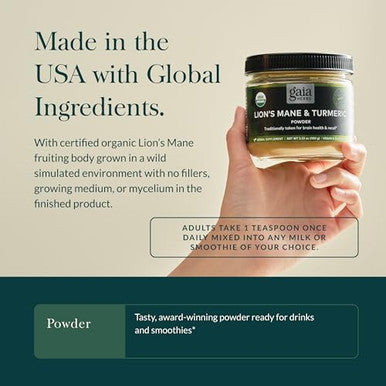 Gaia Herbs Lion'S Mane & Turmeric Powder Herbal Mushroom Supplement Powder To Help Maintain Brain Health And Recall Usda Organic3.53 Oz (Up To 45Day Supply)