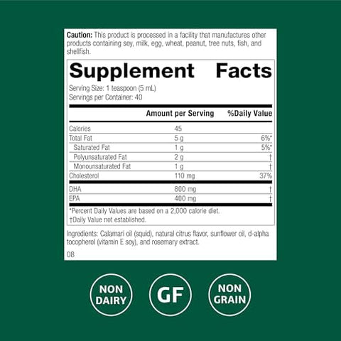 Standard Process Calamari Omega3 Liquid Supplement for Heart and Brain Health Support Aids Skin Health GlutenFree NonDairy and NonGrain 6.8 oz
