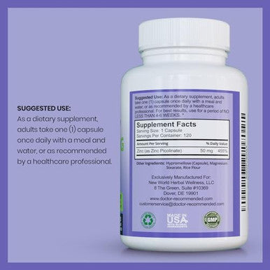 Zinc 50Mg - Zinc Picolinate Immune Health Support Supplement 120 Veggie Capsules For Adults And Kids Vitamin, Well-Absorbed High Potency Pure Zinc Supplements - 50Mg Per Serving