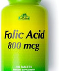 Alfa Vitamins Folic Acid 800 Mcg Dietary Supplement Natural Folate Helps Supports Cardiovascular Health Metabolism Brain & Proper Development Of Fetus During Pregnancy 100 Tablets