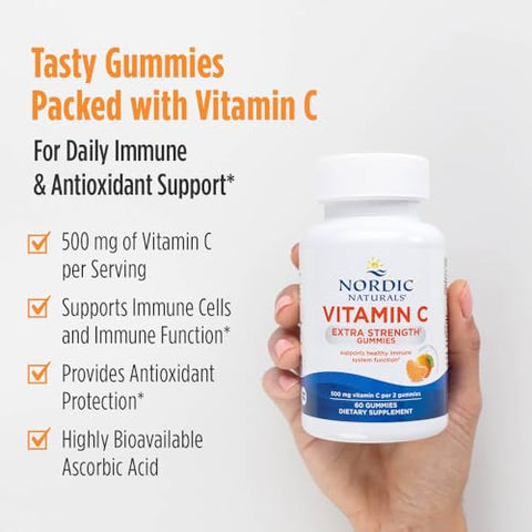 Nordic Naturals Vitamin C Extra Strength Gummies - Tangerine Flavor - 60 Gummies - 500 Mg Vegan Vitamin C Supplement - Low-Sugar Immune - Support 30 Servings