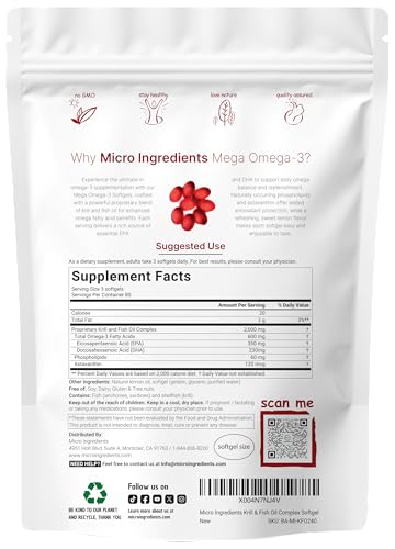 Micro Ingredients Mega Omega-3 Krill & Fish Oil 2000Mg Equivalent 240 Softgels Lemon Flavored Burpless Essential Fatty Acids & Astaxanthin Epa 350Mg Dha 230Mg Heart & Brain Supplement