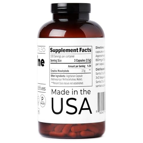Santa Cruz Paleo Creatine Capsules Supports Muscle Growth & Energy Gluten Free Keto Sugar Free Paleo No Fillers Or Additives Creatine Monohydrate Pills 2500Mg 100 Servings 300 Capsules