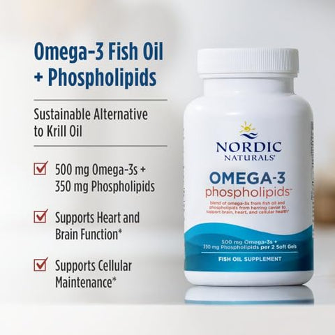 Nordic Naturals Omega-3 Phospholipids Unflavored - 60 Soft Gels - 500 Mg Omega-3 & 350 Mg Phospholipids - Heart & Brain Health - Small Easy-To-Swallow Soft Gels - Non-Gmo 30 Servings
