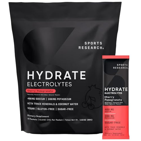 Sports Research Hydrate Electrolytes Combo Pack - Sugar-Free & Naturally Flavored With Vitamins Minerals And Coconut Water - Supports Hydration - 32 Packets - Cherry Pomegranate Dominant Flavor
