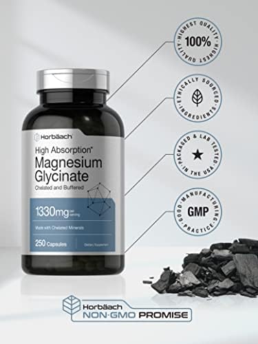 Horbaach Magnesium Glycinate 1330mg 250 Capsules Buffered with Chelated Minerals 240 mg per Serving NonGMO Gluten Free Supplement