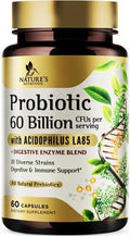 Nature'S Nutrition Probiotics 60 Billion CFU - 10 Probiotic Strains Prebiotics & Digestive Enzymes - Immune Digestive & Gut Health - Supports Bowel Frequency & Regularity - Shelf Stable for Women & Men - 120ct