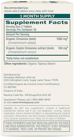 Himalaya Organic Cinnamon For Glycemic Support 1100 Mg Daily 60 Tablets From Cassia Cinnamon Bark And Ceylon Cinnamon Extract Nongmo Project Verified Vegan Gluten Herbal Supplement
