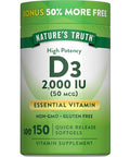 Nature's Truth Vitamin D3 2000 IU Softgels for Adults 150 Count High Potency NonGMO and Gluten Free Supplement High Potency NonGMO and Gluten Free Supplement
