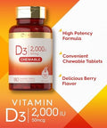 Carlyle Chewable Vitamin D3 2000 IU (50mcg) 180 Chewable Tablets Berry Flavor Vegetarian NonGMO and Gluten Free Supplement