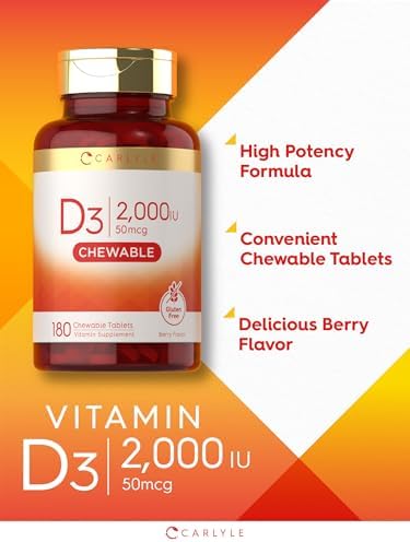Carlyle Chewable Vitamin D3 2000 IU (50mcg) 180 Chewable Tablets Berry Flavor Vegetarian NonGMO and Gluten Free Supplement