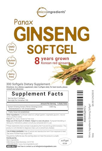 Micro Ingredients Red Panax Ginseng Supplement 300 Softgels High Potency Korean Ginseng Root Extract Supports Energy & Immune Health Non-Gmo