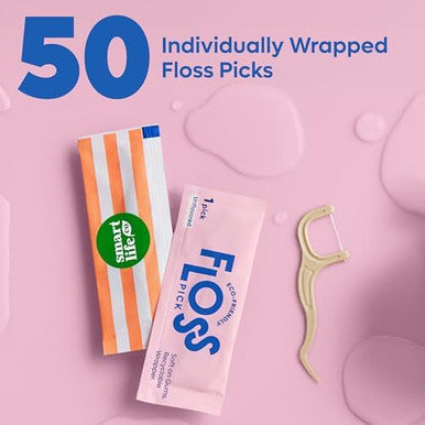 SmartLifeco Individually Wrapped Dental Floss Picks - Eco-Friendly Flosser Handle Made with Straw Wheat Blend Great for Travel PFA Free Toothpick Stick End Bamboo Charcoal Thread Whitens Teeth