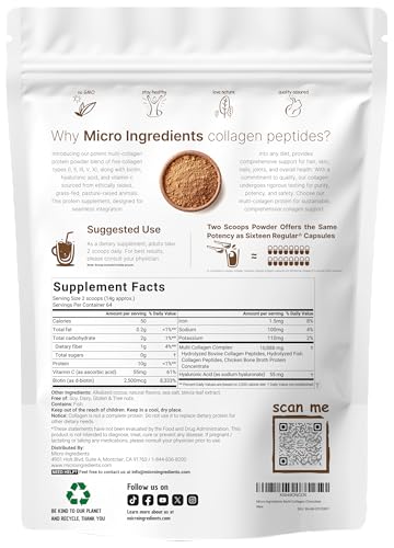 Micro Ingredients Multi Collagen Peptides Powder 2Lb Type I Ii Iii V X Biotin Vitamin C & Hyaluronic Acid Chocolate Flavor Supports Hair Skin & Joint Health Keto Non-Gmo