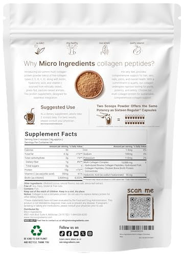 Micro Ingredients Multi Collagen Peptides Powder 2Lb Type I Ii Iii V X Biotin Vitamin C & Hyaluronic Acid Chocolate Flavor Supports Hair Skin & Joint Health Keto Non-Gmo