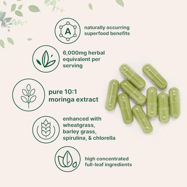 Micro Ingredients Moringa Oleifera 300 Capsules With Supergreens Blend Of Wheatgrass Barley Grass Spirulina & Chlorella Antioxidant Supplement Energy & Immune Support Non-Gmo