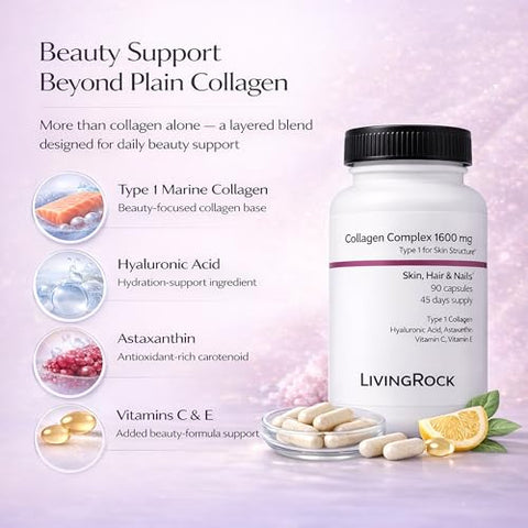 Livingrock Marine Beauty Collagen Complex For Skin Hair & Nails With Type 1 Marine Collagen Hyaluronic Acid Astaxanthin Vitamins C & E 90 Capsules 45-Day Supply