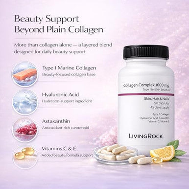 Livingrock Marine Beauty Collagen Complex For Skin Hair & Nails With Type 1 Marine Collagen Hyaluronic Acid Astaxanthin Vitamins C & E 90 Capsules 45-Day Supply