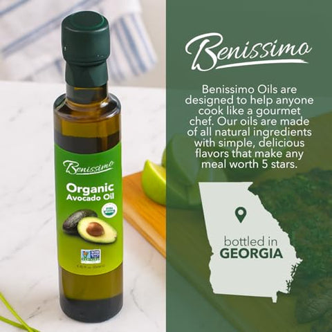 Benissimo 100% Pure Organic Avocado Oil Ã¢â‚¬â€œ Cold-Pressed, Non-GMO, Allergen-Free Cooking Oil, 8.45 Fl Oz - Perfect for SautÃƒÂ©ing, Frying, Baking & Salads