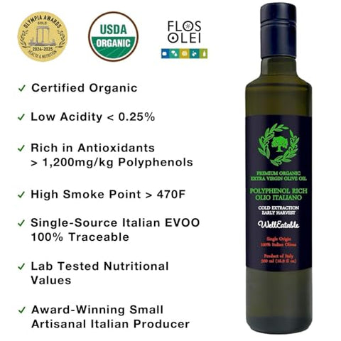 WellEatable Robust +1,200 mg/kg Polyphenol Rich Olio Italiano, 2024/25 Early Harvest Organic Extra Virgin Olive Oil from Italy, Lab Tested, Cold Extracted for Drinking and Finishing, 16.9 fl oz