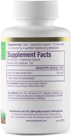 Paradise Green Tea Extract Super Potent Ultra Pure 100% Naturally Extracted Non Gmo Gluten 120 Vegetarian Capsules