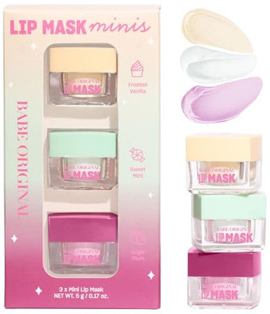 Babe Original Lip Mask Minis Trio Set Of 3 Overnight Lip Mask For Dry Lips | Frosted Vanilla Sweet Mint & Sugar Plum Scented | Vitamin E Roship Oil & Hyaluronic Acid For Smoother Moisturized Lips