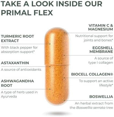 Primal Harvest Primal Flex With Turmeric Hyaluronic Acid Type Ii Collagen And Boswellia For Joint Comfort Flexibility And Mobility Support