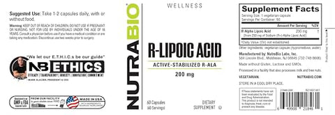 Nutrabio R-Lipoic Acid Supplement 200Mg Active Stabilized R-Ala - Optimized Alpha Lipoic Acid Formula For Better Absorption To Support Health And Wellness 60 Capsules