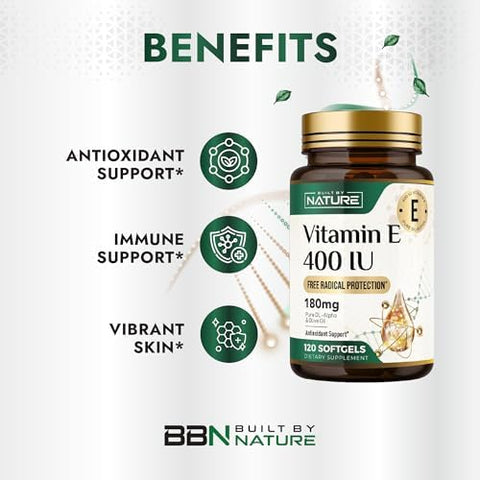 Built by Nature Vitamin E with Olive Oil 400 IU (dlAlpha Tocopherol) High Potency Antioxidant Supplement for Immune Skin and Heart Health NonGMO 4 Month Supply 120 Softgels