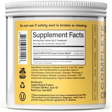 Complete Natural Products Digestive Enzyme Powder - Plant Based Blend 8Oz Glass Jar Gentle Digestive Support