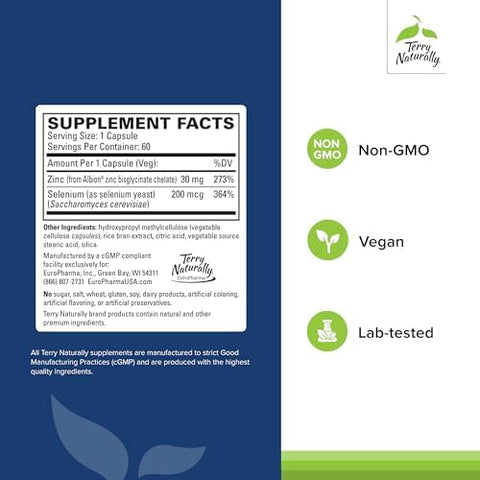 Terry Naturally Zinc Plus Selenium Immune & Respiratory Health Supplement Mineral Supplement With Zinc Bisglycinate Chelate Formula With Selenium For Cellular Health Support 60 Capsules (2Pack)