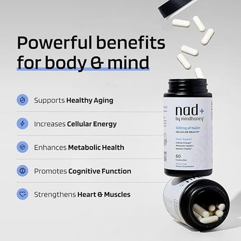 MINDHONEY NAD+ Brain Supplement 500mg NAD+ Premium Formula Healthy AntiAging Cellular Energy Cognition Metabolic Health Heart + Muscle Support Vegan NonGMO GlutenFree 30 Servings