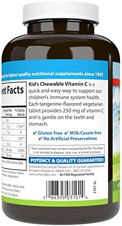 Carlson Kid's Chewable Vitamin C 250 mg 1 g of Sugars Immune Support and Optimal Wellness Antioxidant Tangerine 120 Vegetarian Tablets