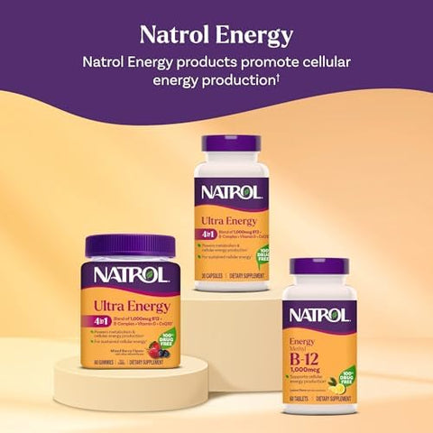 Natrol Methyl Vitamin B12 1000 Mcg 60 Chewable Tablets Lemon Flavored Bioactive B12 Vitamin Supports Cellular Energy Production Brain Health and Metabolism 60 Servings
