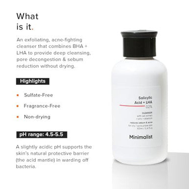 Minimalist Face Wash For Oily Acne Prone Skin | Salicylic Acid 2% Anti Acne Face Cleanser With Lha & Zinc | Sulphate Free Gentle Bha Liquid Exfoliant | For Women & Men | 3.4 Fl Oz / 100 Ml