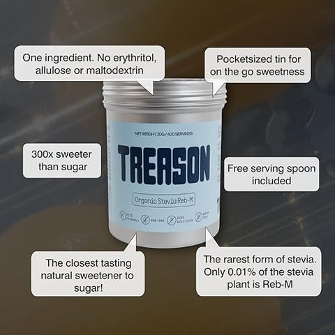 Treason, 100% Stevia Reb-M Extract, No Bitterness, Tastes Like Sugar, Keto Friendly, No Erythritol, No Additives, 400 Servings, 20g