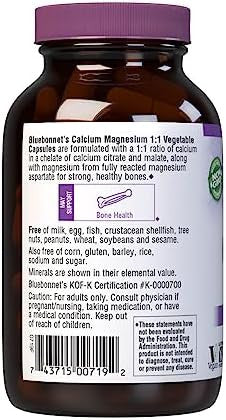 Bluebonnet Calcium Magnesium 1:1 Ratio Vegetarian Capsules 90 Count
