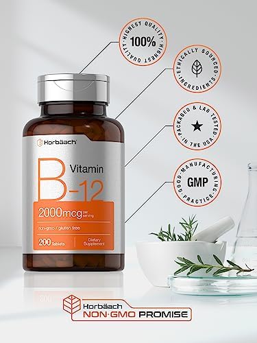 Horbaach B12 Vitamin 2000 mcg 200 Tablets Vegetarian Supplement NonGMO and Gluten Free