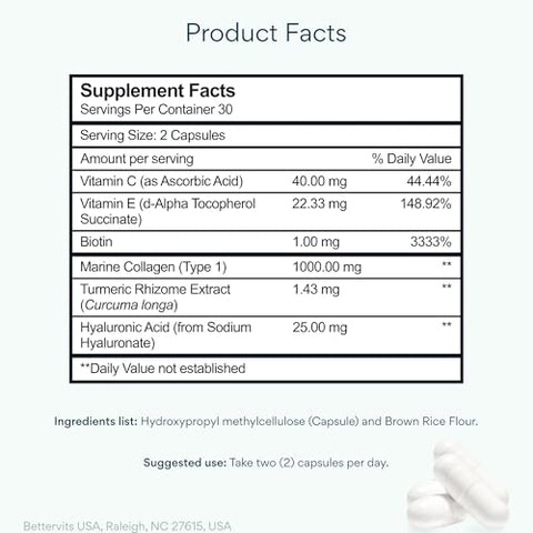 Bettervits Collagen Peptides Complex With Hyaluronic Acid & Turmeric Hydrolyzed Marine Collagen Supplements For Women & Men Collagen With Vitamin C For Skin Hair Nails & Joints 60 Capsules