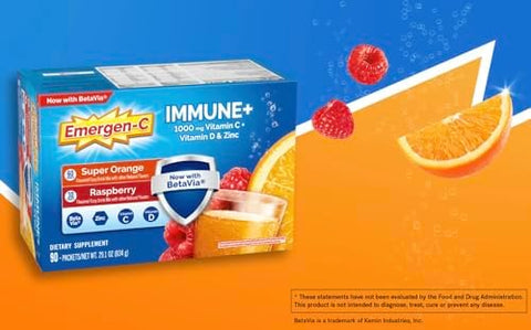 EmergenC Immune+ 1000 Mg Vitamin C + Vitamin D and Zinc (Super Orange 60 Ct/Raspberry 30Ct) 90 Packets