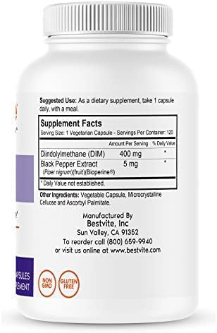 BESTVITE DIM (Diindolylmethane) 400mg with Bioperine (240 Vegetarian Capsules) (120 x 2) - No Stearates - No Gelatin - Vegan - Non GMO - Gluten Free
