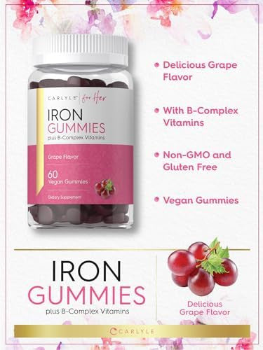 Carlyle Iron Gummies Plus B-Complex Vitamins 60 Vegan Gummies Grape Flavor Non-Gmo, Gluten Supplement