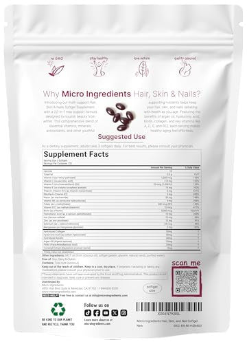 Micro Ingredients Hair Skin And Nails Vitamins For Women & Men 400 Softgels With Mct Oil 22-In-1 Argan Oil Hyaluronic Acid Collagen Keratin & Biotin Complex Natural Hair Growth Support