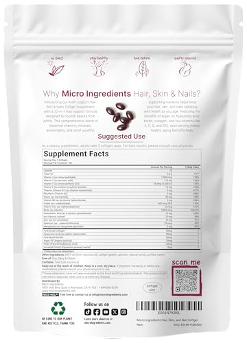 Micro Ingredients Hair Skin And Nails Vitamins For Women & Men 400 Softgels With Mct Oil 22-In-1 Argan Oil Hyaluronic Acid Collagen Keratin & Biotin Complex Natural Hair Growth Support