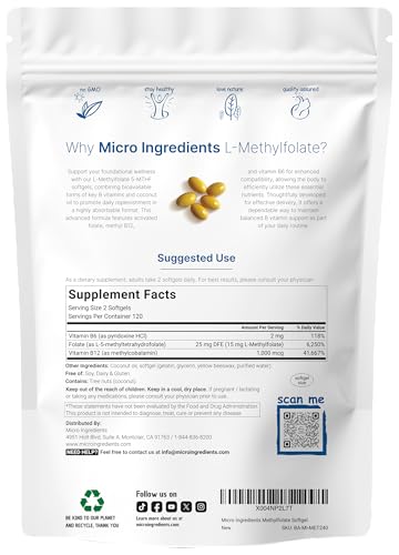 Micro Ingredients L Methylfolate 15Mg 240 Softgels Active 5-Mthf With B6 & Methyl B12 Methylated Vitamin B9 With Coconut Oil