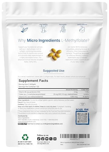 Micro Ingredients L Methylfolate 15Mg 240 Softgels Active 5-Mthf With B6 & Methyl B12 Methylated Vitamin B9 With Coconut Oil