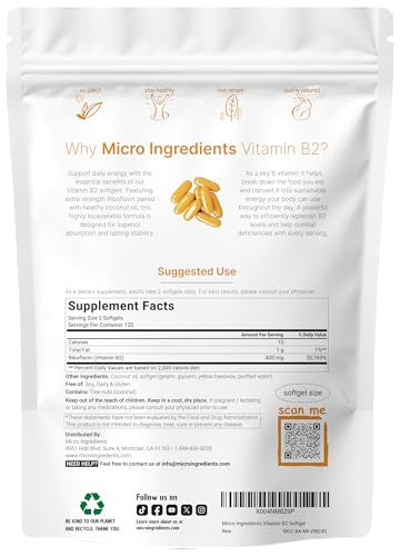 Micro Ingredients Vitamin B2 Riboflavin 400Mg 240 Softgels With Coconut Oil Highly Bioavailable Extra Strength Vitamin B Energy Supplements Essential B Vitamins For Women & Men Non-Gmo Gluten Free