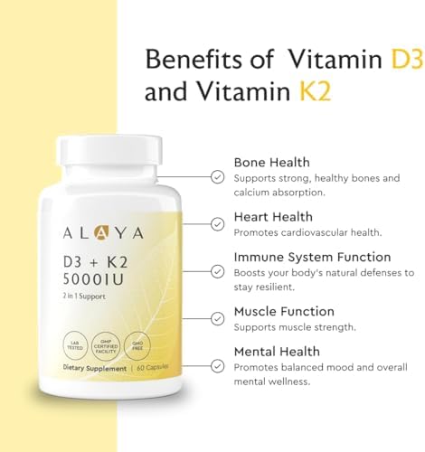 Alaya Naturals Vitamin D3 K2 Supplement 5000 IU D3 50 mcg K1 15 mcg K2 MK7 High Absorption Capsules for Bone and Immune Support NonGMO Vegetarian Capsules 60 Count