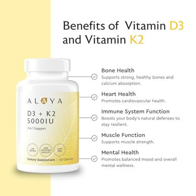 Alaya Naturals Vitamin D3 K2 Supplement 60 Count 5000 Iu